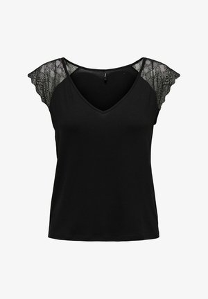 Svart T-skjorte med V-hals, korte ermer som har intrikate blonde detaljer. Myk, elastisk stoff med en klassisk passform og buet hem.