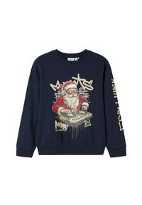 Sudadera navy con un gráfico de Papá Noel usando auriculares y gafas de sol, pinchando en tornamesas, acompañado de acentos de texto graffiti.