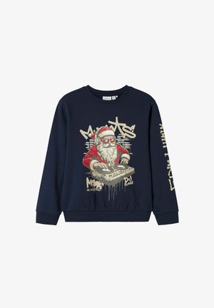Marineblauer Sweatshirt mit Grafik von Santa Claus, der Kopfhörer und Sonnenbrille trägt und an Plattentellern auflegt, mit Graffiti-Textakzenten.