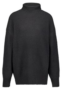 Oversized svart ribbstickad polotröja med långa ärmar och avslappnad passform, med ett strukturerat stickmönster.