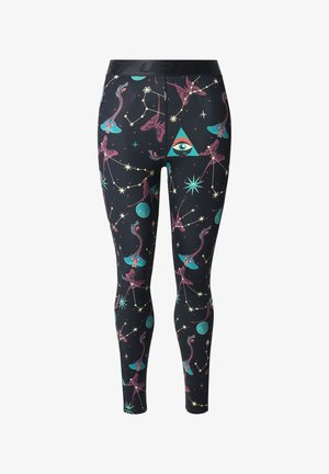 Schwarze Leggings aus einem Stoff mit bunten, himmlischen Mustern, darunter Sterne, Planeten und geometrische Formen. Elastischer Bund für eine angenehme Passform.
