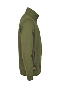 Zielona polarowa kurtka z wysokim kołnierzem, bocznymi kieszeniami i ściągaczami przy mankietach. Posiada małe logo przy dolnej krawędzi. Miękka faktura, casualowy fason.