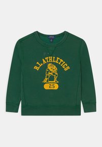 Grön sweatshirt med gul tryck "R.L. ATHLETICS", grafik av en sportfigur och nummer "25" på framsidan. Rund halsringning och långa ärmar.