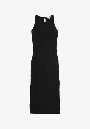 Robe noire sans manches avec un tissu texturé, design ajusté, longueur genou, dotée d'une fermeture en clé au dos et de motifs subtils.