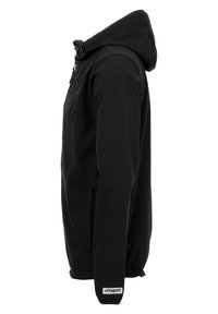 Giacca softshell nera con cappuccio, tasche con zip, polsini elasticizzati e orlo regolabile. Realizzata in un tessuto durevole e liscio.