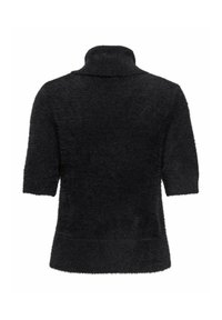 Suéter negro de manga corta y cuello alto con una textura suave y peluda, de corte relajado, que cuenta con un cuello alto y detalles acanalados en el dobladillo.