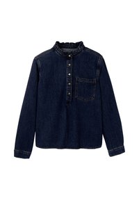 Chemise en denim fonc é à manches longues avec col à volants, patte de boutonnage à cinq boutons et poche poitrine gauche. Dotée de coutures robustes et d'une coupe ajustée.