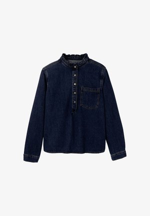 Chemise en denim foncé à manches longues avec col à volants, patte de boutonnage à cinq boutons et poche poitrine gauche. Dotée de coutures robustes et d'une coupe ajustée.