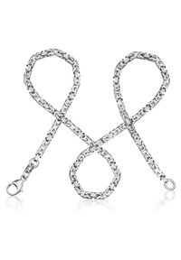 Silberne Kette mit ineinandergreifenden, abgerundeten Gliedern und glänzender Oberfläche. Enthält einen Karabinerhaken und ein offenes Schlaufenende.