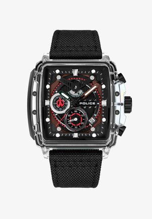 Quadratische schwarze Uhr mit klarem Gehäuse, strukturiertem schwarzen Armband, roten Akzentmarkierungen, mehreren Ziffernblättern und einer Datumsanzeige. Bietet auffällige Stundenmarkierungen.