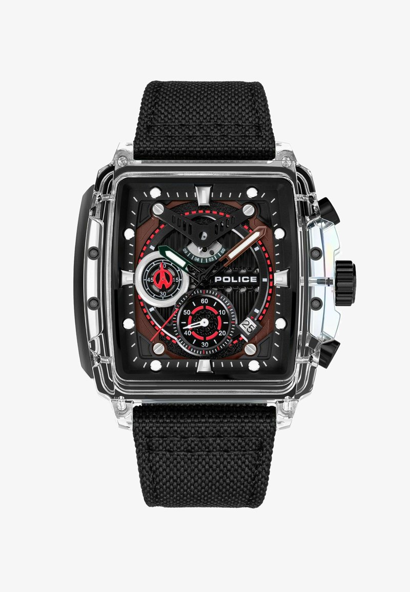 Orologio quadrato nero con cassa trasparente, cinturino nero texturizzato, indicatori rossi, più quadranti e display della data. Presenta indici delle ore in grassetto.