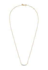Złoty naszyjnik z łańcuszka z zakrzywioną prętem, na którym znajduje się pięć przezroczystych kamieni. Delikatny design z cienkim, teksturowanym łańcuszkiem i bezpiecznym zapięciem.
