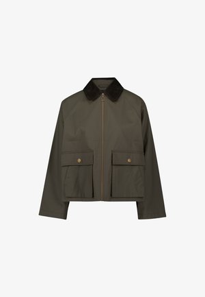 Olive green cropped jacket with a brown corduroy collar, front zipper, and two large flap pockets featuring gold buttons. Smooth texture.