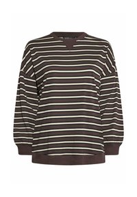 Sweatshirt à rayures avec un col en V, présentant des rayures horizontales marron, crème et vert clair. Manches longues et coupe ample.