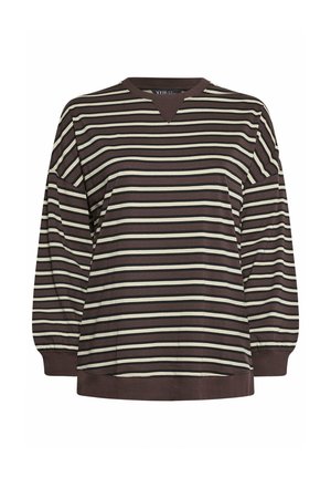 Sweatshirt à rayures avec un col en V, présentant des rayures horizontales marron, crème et vert clair. Manches longues et coupe ample.