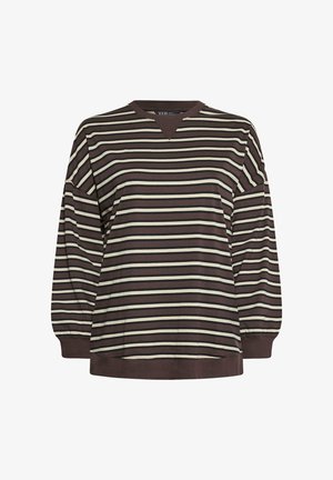 Gestreepte pullover sweatshirt met een v-hals, voorzien van horizontale strepen in bruin, crème en lichtgroen. Lange mouwen en een losse pasvorm.