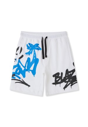 Pantaloncini bianchi con coulisse nera e motivi in stile graffiti blu e neri, comprendenti un disegno di palma e accenti di testo astratto.