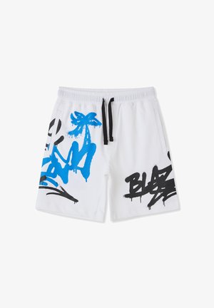 Pantaloncini bianchi con coulisse nera e motivi in stile graffiti blu e neri, comprendenti un disegno di palma e accenti di testo astratto.