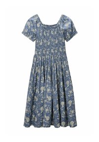 Robe florale bleue en tissu doux, avec un décolleté carré, de courtes manches ballons et une jupe plissée avec un buste smocké.