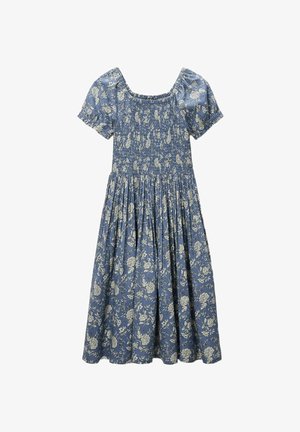 Robe florale bleue en tissu doux, avec un décolleté carré, de courtes manches ballons et une jupe plissée avec un buste smocké.