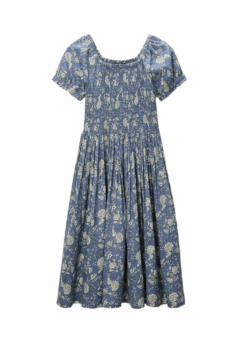Robe florale bleue en tissu doux, avec un décolleté carré, de courtes manches ballons et une jupe plissée avec un buste smocké.