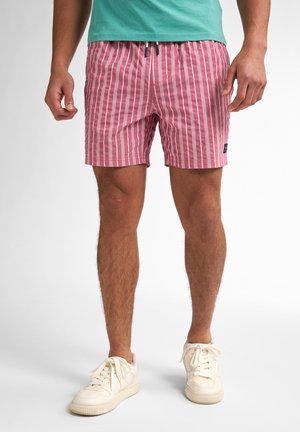 Rote und weiße gestreifte Badeshorts aus leichtem Stoff. Mit elastischem Bund und Kordelzug sowie einem Logo-Patch an der Seite.