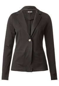 Blazer noir avec un bouton argenté unique, des revers structurés, deux poches avant et une coupe ajustée. Fabriqué en tissu doux et extensible.