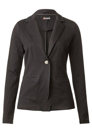 Zwarte blazer met een enkele zilveren knoop, gestructureerde revers, twee voorzakken en een getailleerde pasvorm. Gemaakt van een zachte, rekbare stof.