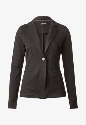 Blazer nero con un singolo bottone argentato, revers strutturati, due tasche davanti e una vestibilità su misura. Realizzato in un tessuto morbido e elastico.