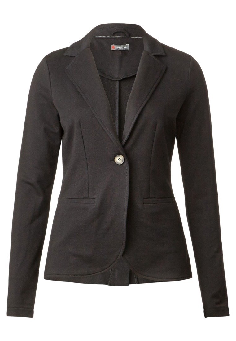 Blazer noir avec un bouton argenté unique, des revers structurés, deux poches avant et une coupe ajustée. Fabriqué en tissu doux et extensible.