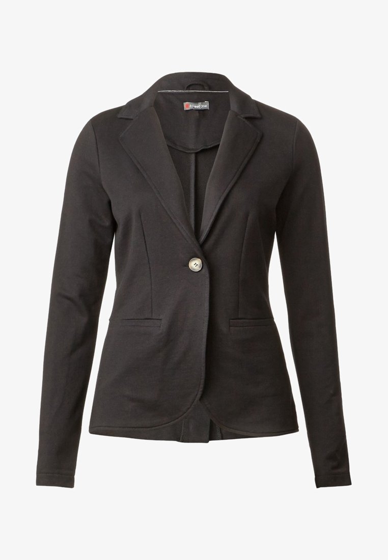 Svart blazer med en enda silverknapp, strukturerade slag, två framfickor och en skräddarsydd passform. Tillverkad av ett mjukt, stretchigt tyg.