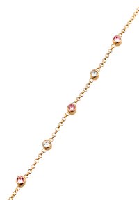 Goldfarbene Armbanduhr mit einem Kettendesign, das abwechselnd pinkfarbene und klare runde Kristalle in metallischen Fassungen zeigt.