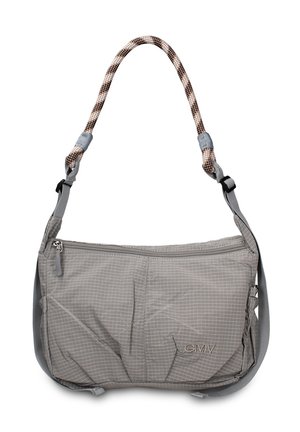 Sac bandoulière gris en tissu à motif quadrillé, deux compartiments zippés, bandoulière réglable et poignée d'épaule tressée avec attaches grises.