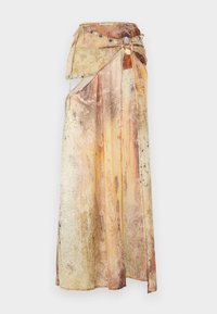 Long, draped skirt made of layered, textured fabric in warm tones of yellow, orange, and brown. Features a decorative beaded belt.