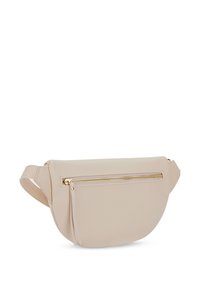 Olkalaukku pehmeästä beigestä materiaalista, jossa on pyöristetty muoto, kultaiset vetoketjuakkentit ja irrotettava olkahihna. Sujuva pinta ja minimalistinen muotoilu.