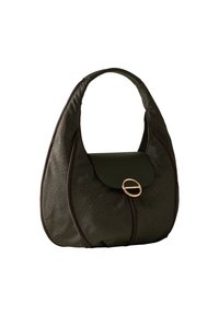 Green textured handbag with a rounded shape, featuring a flap closure and a gold circular accent. Trimmed in dark brown for contrast.