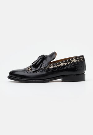 Sort læderloafer med kvaster og houndstooth stofpaneldetaljer, med brogue-perforeringer og lav hæl.