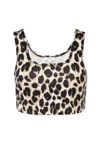 Leopardenmuster-Crop-Top mit Rundhalsausschnitt, breiten Trägern und körpernaher Passform. Hergestellt aus weichem, dehnbarem Stoff mit glatter Textur.
