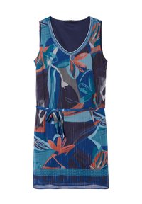 Ärmelloses Kleid mit einem marineblauen Halsauschnitt, lebhaften Blumenmustern in Blau, Orange und Grün, einer taillierten Bund und einem horizontalen Streifen am Saum.