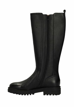 Black knee-high boots made of smooth leather with a side zipper, a rounded toe, and a rugged sole for traction.