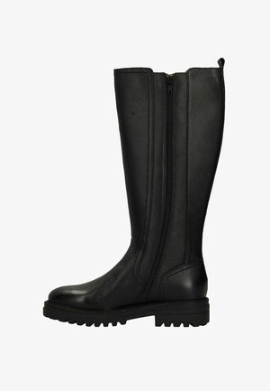 Black knee-high boots made of smooth leather with a side zipper, a rounded toe, and a rugged sole for traction.