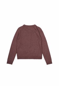 Suéter de punto burdeos con cuello redondo, mangas largas y dobladillo acanalado. Textura suave con un sutil brillo a lo largo del tejido.