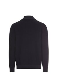 Sort strikket sweater med lange ærmer, ribbet tekstur og høj hals. Har en tætsiddende silhuet og et ensfarvet design.