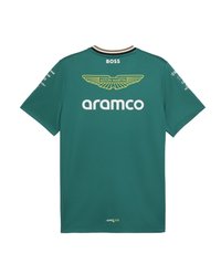 Grøn atletisk skjorte med korte ærmer, prydet med Aston Martin-logo, 'aramco'-branding og sorte og gyldne detaljer på kraven.