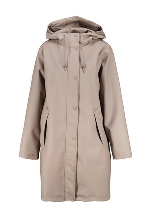 Beige raincoat made of smooth, waterproof material. Features a hood, front snap buttons, and two side pockets. Long, loose-fitting sleeves.