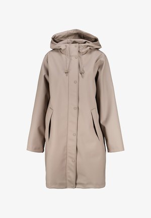 Impermeabile beige realizzato in materiale liscio e waterproof. Presenta un cappuccio, bottoni a scatto anteriori e due tasche laterali. Maniche lunghe e morbide.