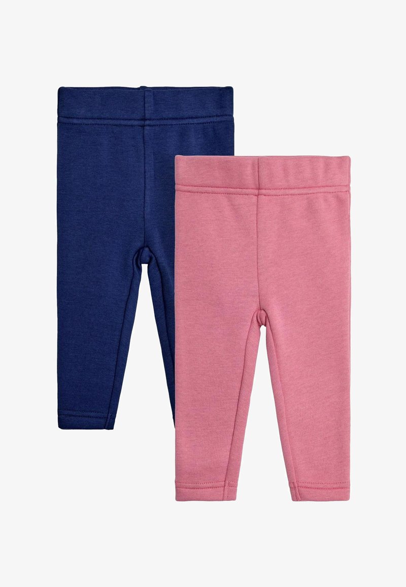 Deux paires de leggings ajustés : l'une bleu marine et l'autre rose clair. Chacune est fabriquée en tissu doux et extensible avec une taille élastique.