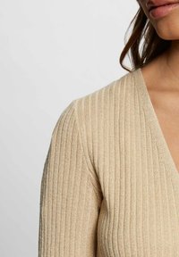 Pull en beige à côtes avec un décolleté en V profond, présentant des fils métalliques subtils, une texture travaillée et une coupe ajustée.