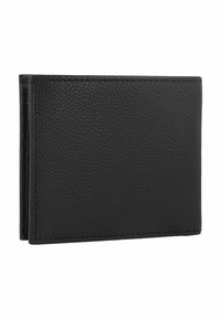 Portafoglio in pelle nera con finitura testurizzata, design bi-fold e bordi puliti. Nessun logo o decorazione visibile.