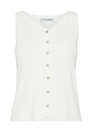 White sleeveless top with a V-neck and a button-down front featuring iridescent buttons, made of a ribbed knit fabric.